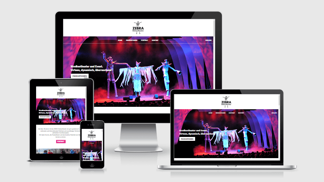 Die Webseite des "ZEBRA Stelzentheaters" dargestellt auf 4 verschiedenen Bildschirmgrößen (Handy, Tablet, Laptop und Desktopmonitor)