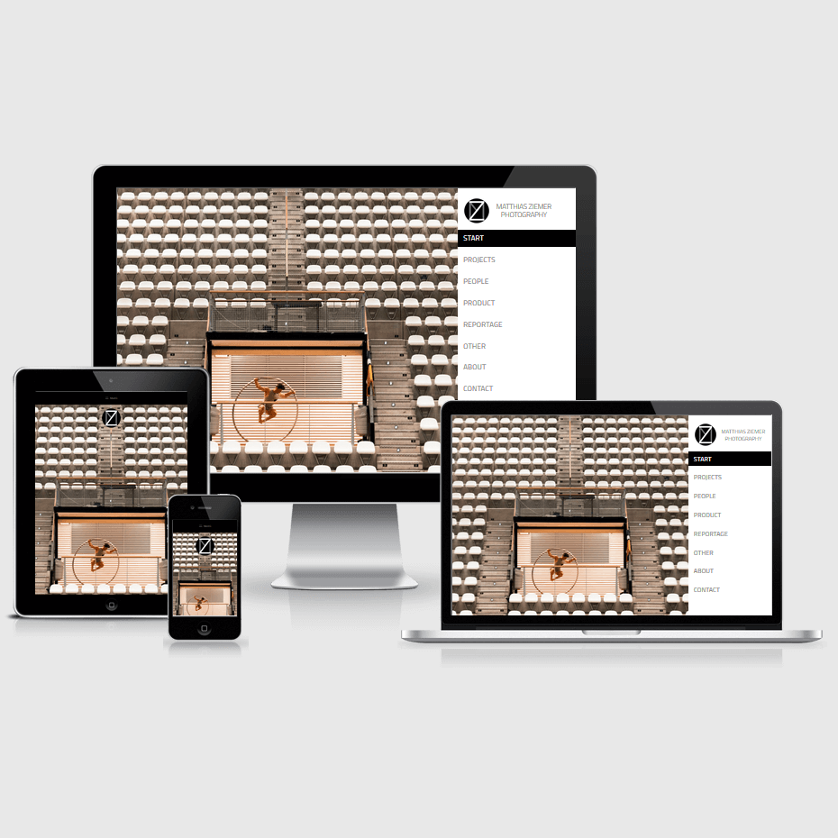 Die Webseite von "Fotografie Matthias Ziemer" dargestellt auf 4 verschiedenen Bildschirmgrößen (Handy, Tablet, Laptop und Desktopmonitor)