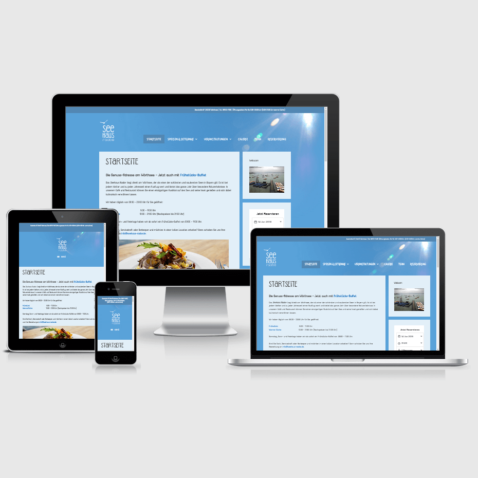 Die Webseite des "Seehaus Raabe" dargestellt auf 4 verschiedenen Bildschirmgrößen (Handy, Tablet, Laptop und Desktopmonitor)